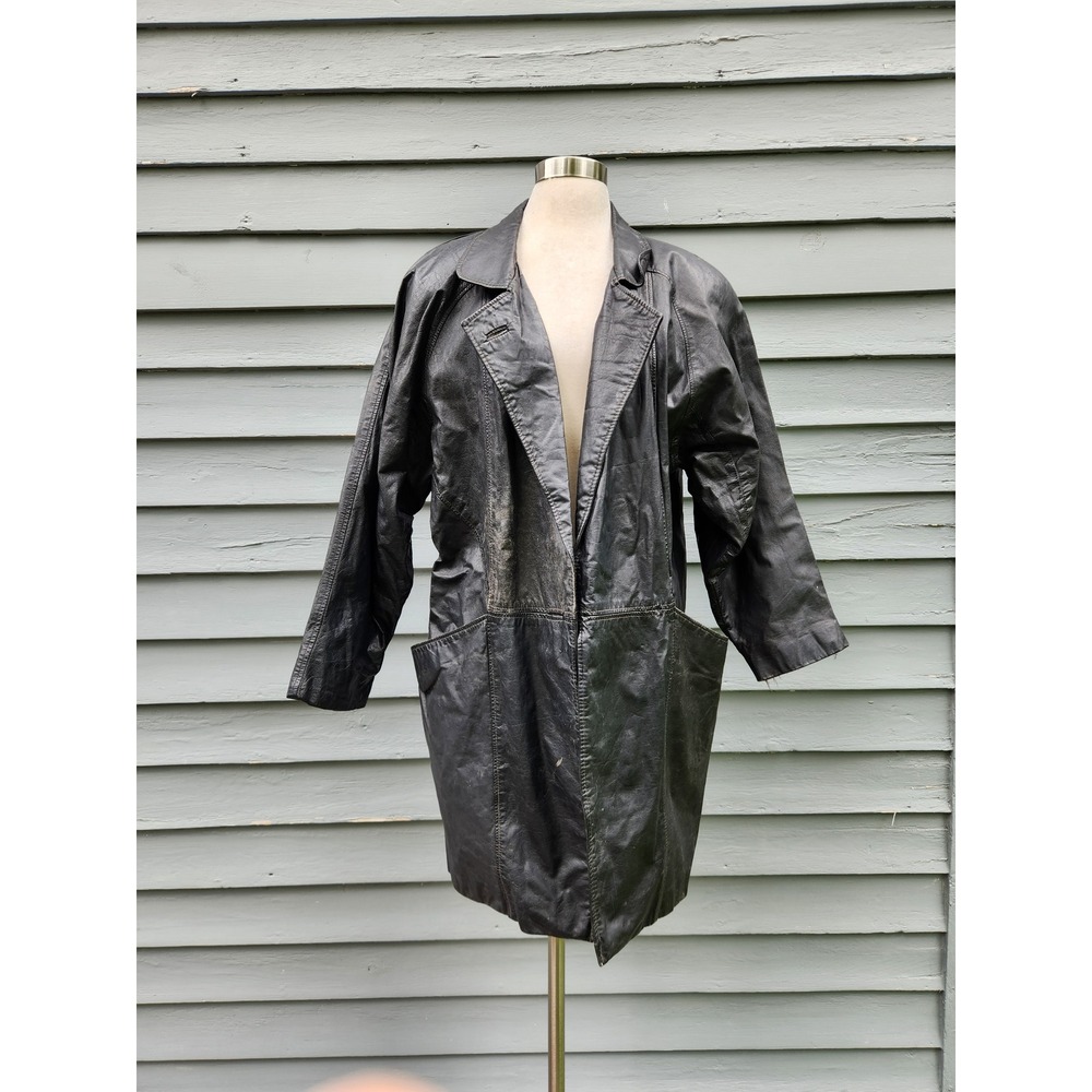 Vintage 80s Punk Comint Leather Trench Coat Black Distressed Made in USA Mens L